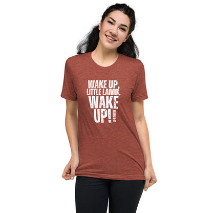 Woman wearing a clay Wake Up Little Lamb Christian T-shirt inspired by Mark 5:41