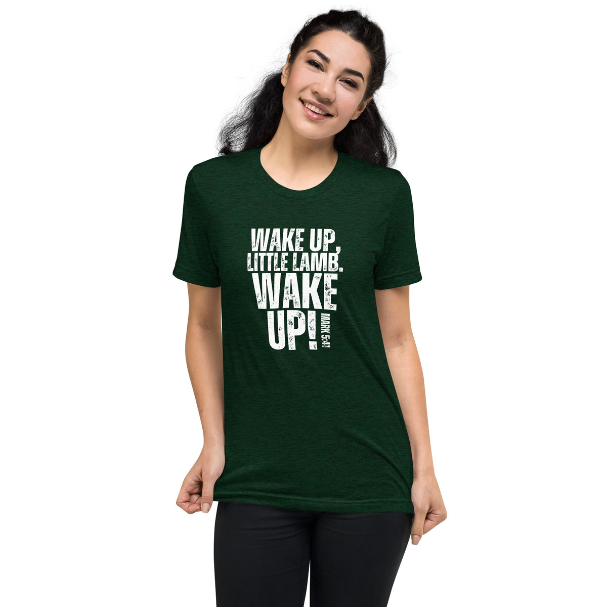 Model wearing an emerald green Wake Up Little Lamb Christian T-shirt inspired by Mark 5:41