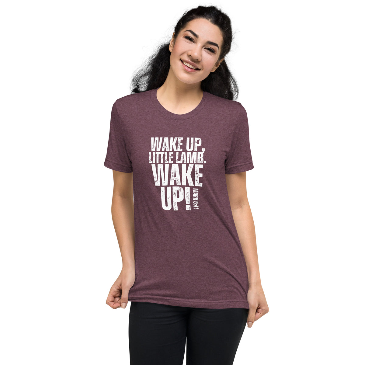 Woman wearing a maroon Wake Up Little Lamb Christian T-shirt with white lettering