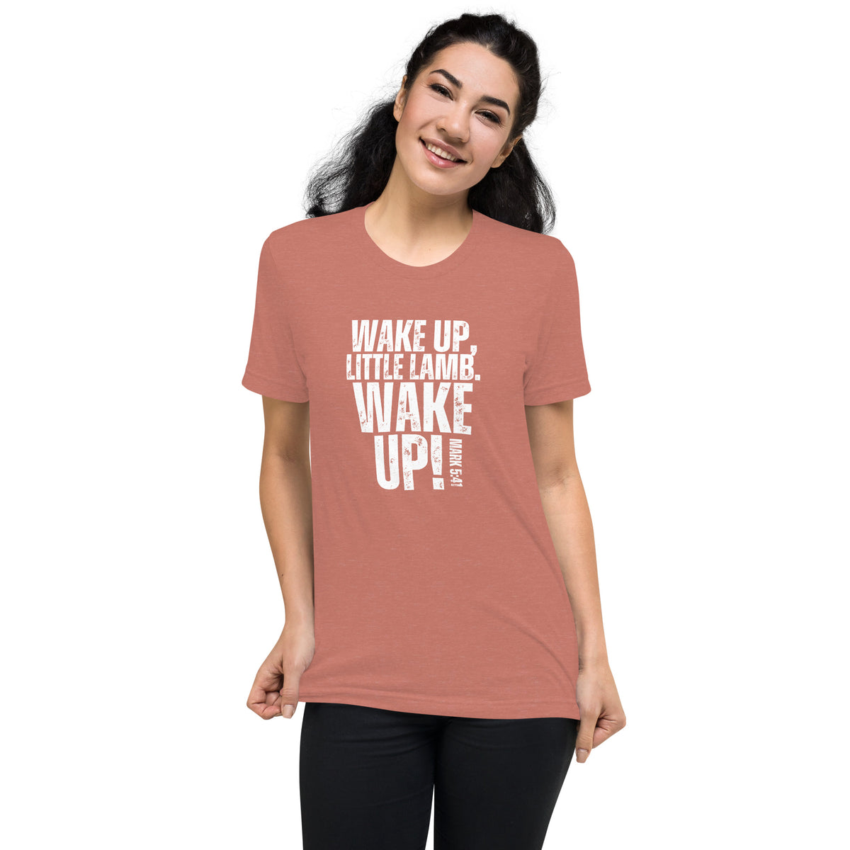 Woman wearing a mauve Wake Up Little Lamb Christian T-shirt inspired by Mark 5:41