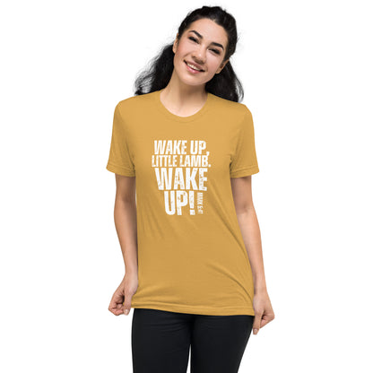 Woman wearing a mustard yellow Wake Up Little Lamb Christian T-shirt with white lettering