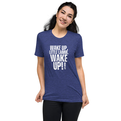 Model wearing a navy blue Wake Up Little Lamb Christian T-shirt inspired by Mark 5:41
