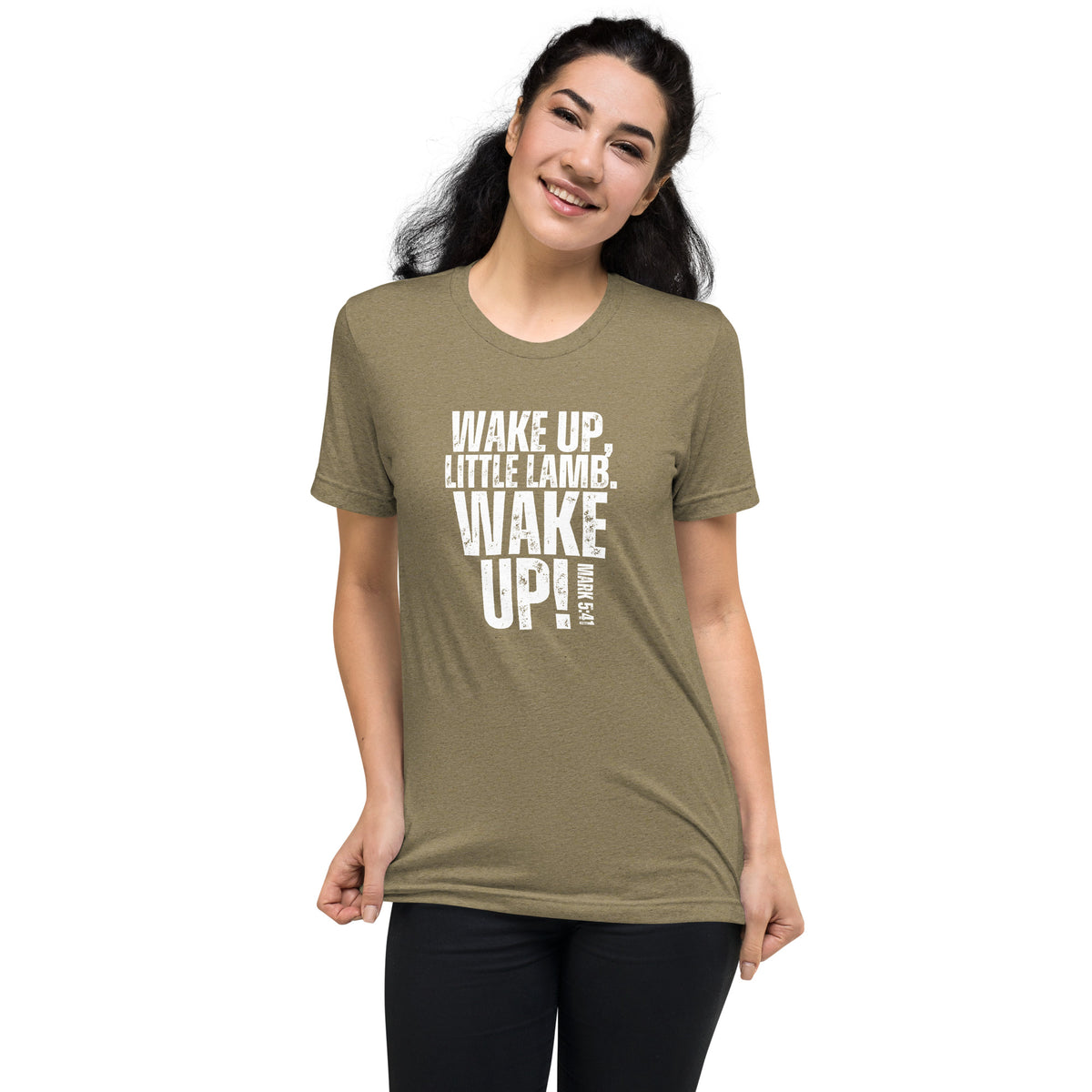 Woman wearing an olive green Wake Up Little Lamb Christian T-shirt inspired by Mark 5:41