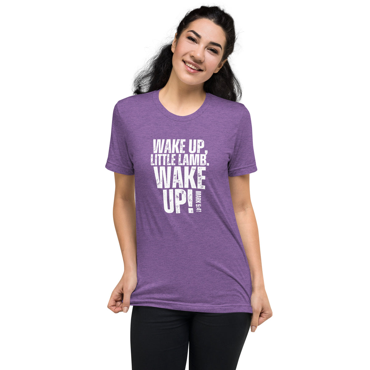 Woman wearing a purple Wake Up Little Lamb Christian T-shirt with white Wake Up lettering