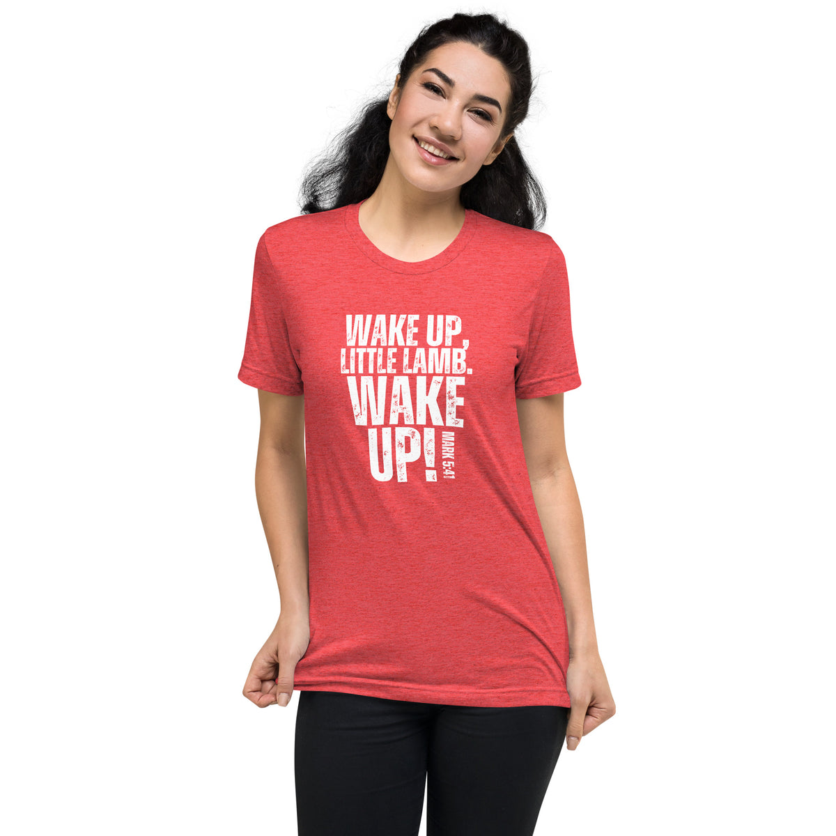 Woman wearing a red Wake Up Little Lamb Christian T-shirt with white faith-inspired design