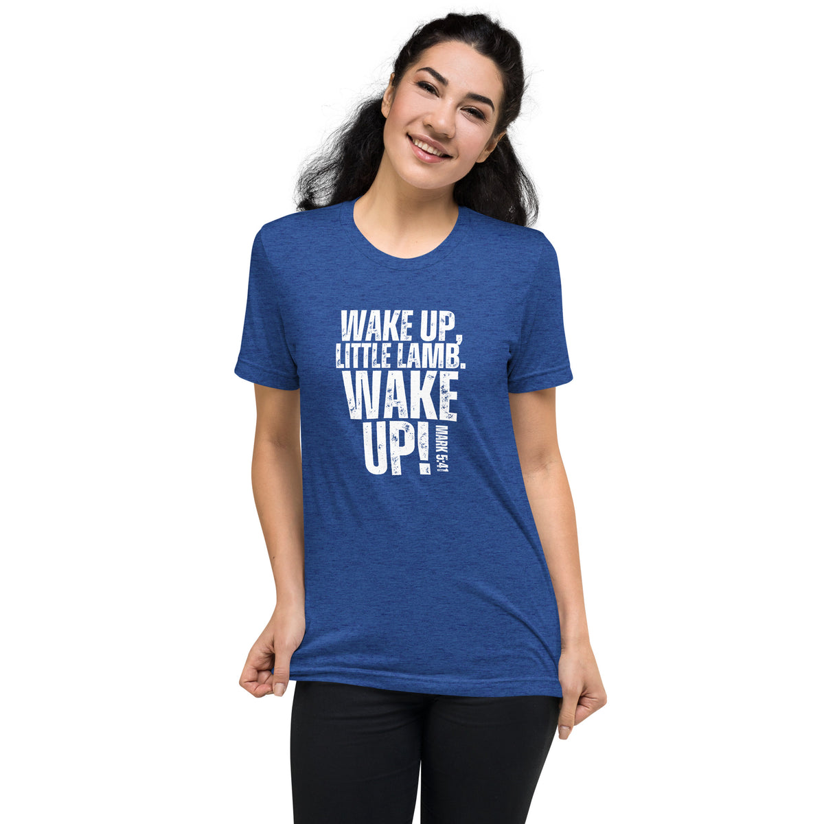 Model wearing a royal blue Wake Up Little Lamb Christian T-shirt with white front design