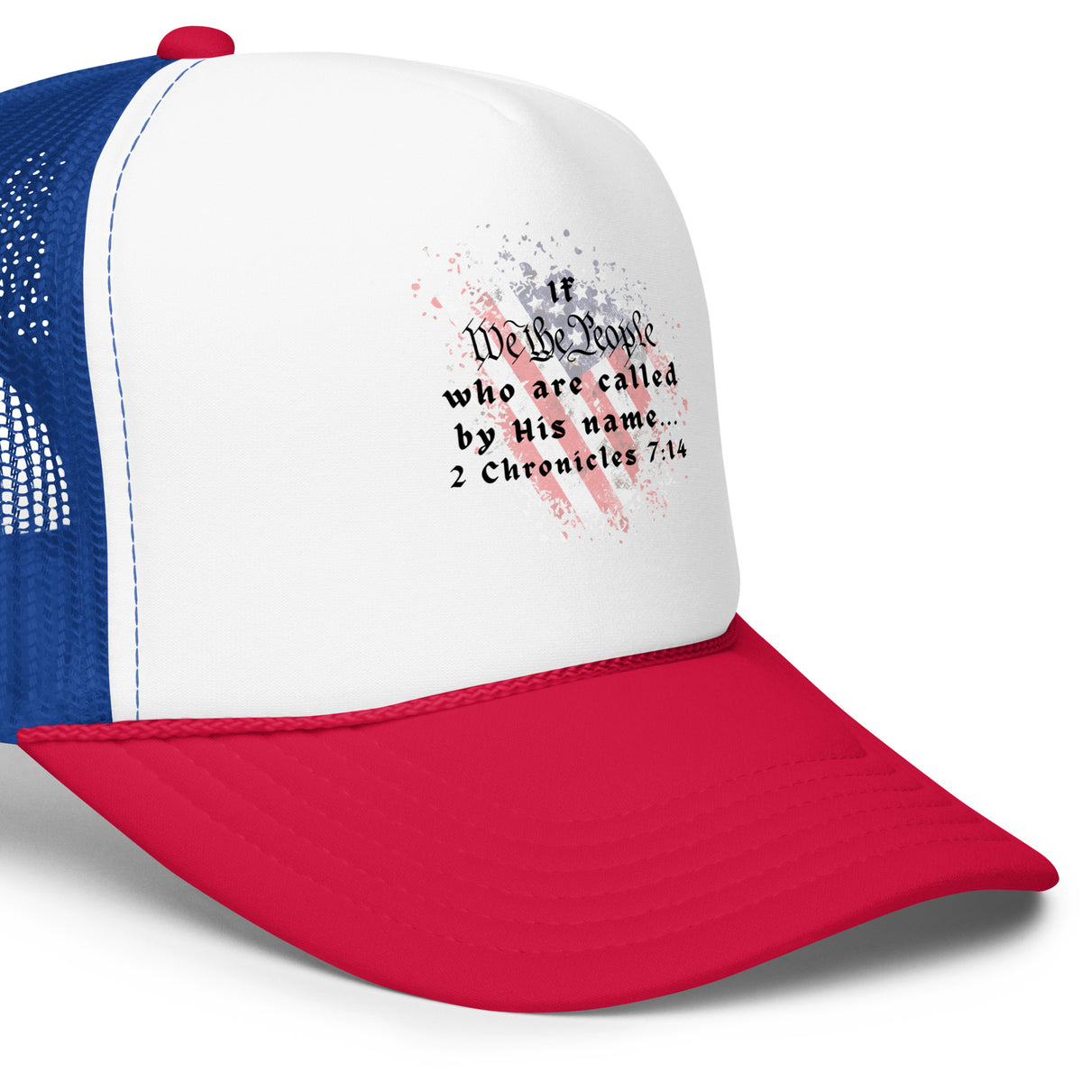 Angled view of red, white, and blue We The People patriotic trucker hat
