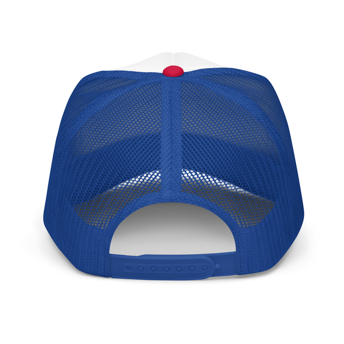Back view of We The People trucker hat with blue mesh and adjustable snap closure