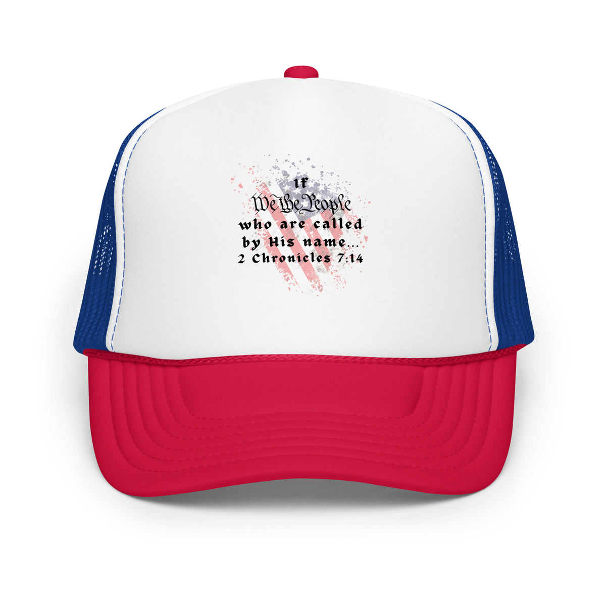Front view of We The People Christian trucker hat with Scripture-inspired design