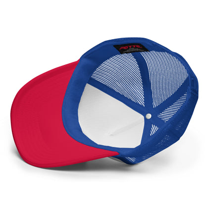 Side and interior view showing blue mesh and red visor of Christian trucker hat