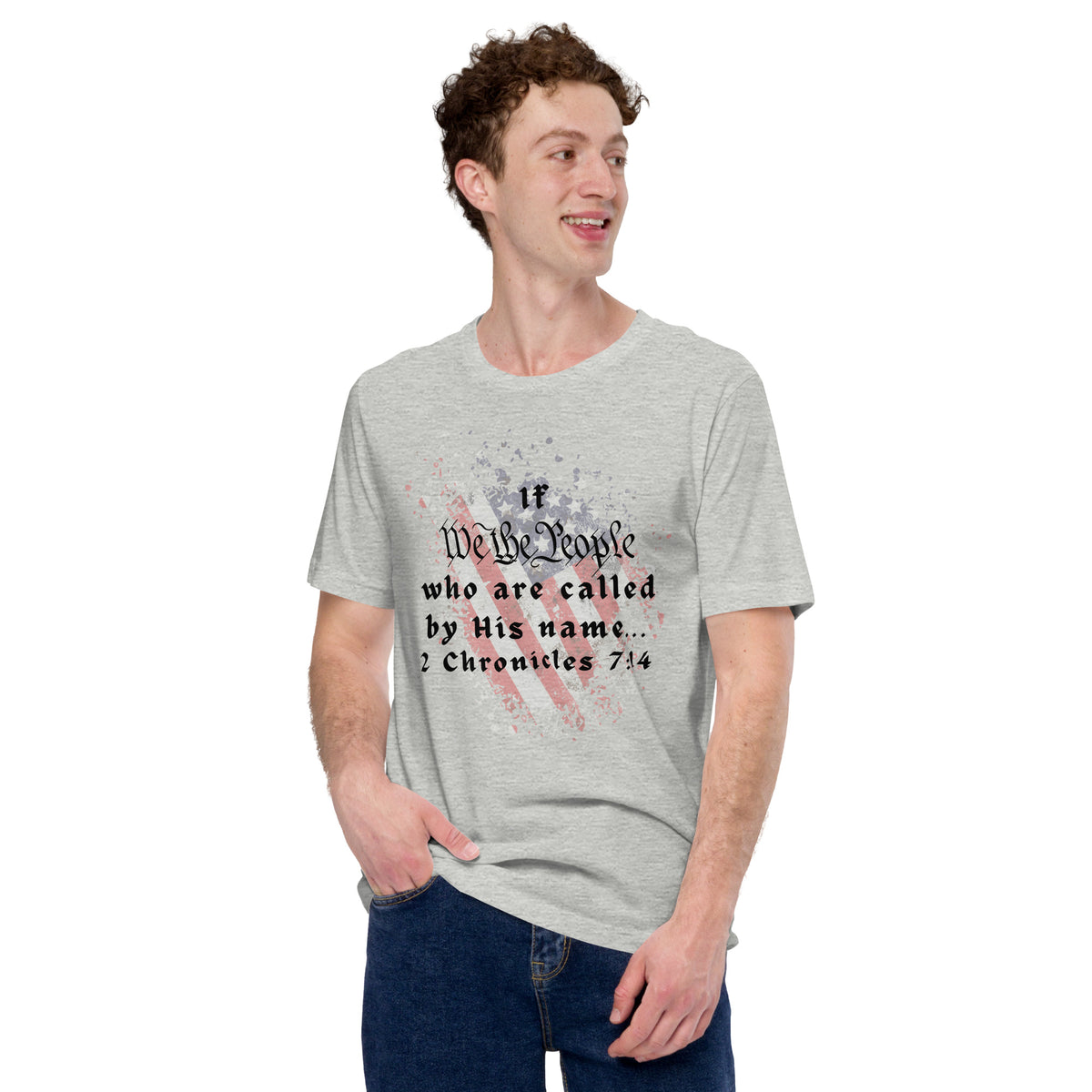 Model wearing athletic heather gray We The People Christian T-shirt