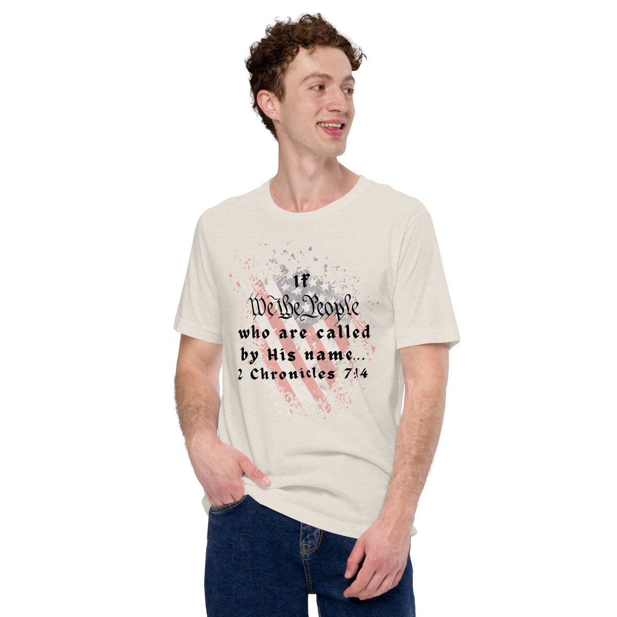 Model wearing heather dust We The People Christian T-shirt