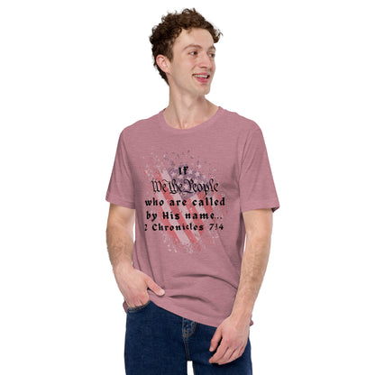 Model wearing heather orchid We The People Christian T-shirt