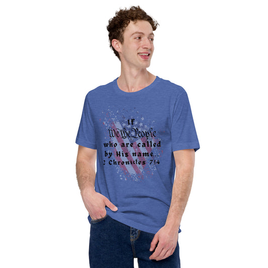 Model wearing blue We The People Christian T-shirt with 2 Chronicles 7:14 design