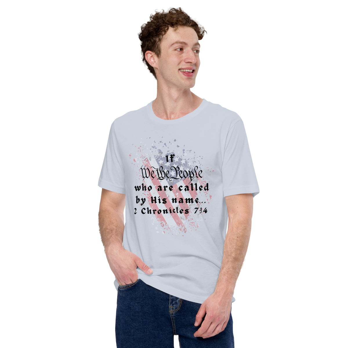 Model wearing light blue We The People Christian T-shirt with patriotic design