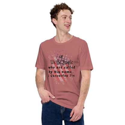 Model wearing mauve We The People Christian T-shirt with Scripture-inspired front graphic
