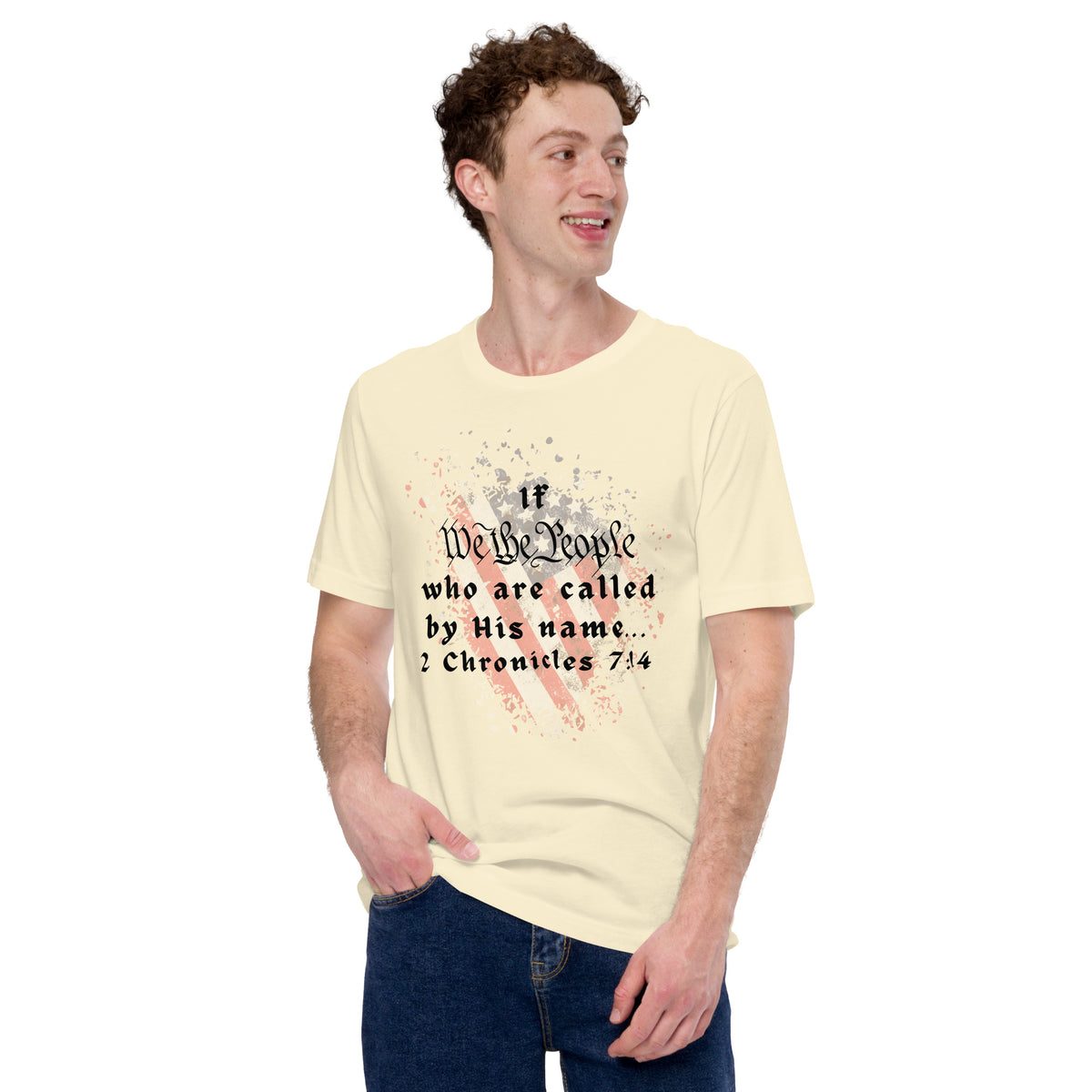 Model wearing natural-colored We The People Christian T-shirt