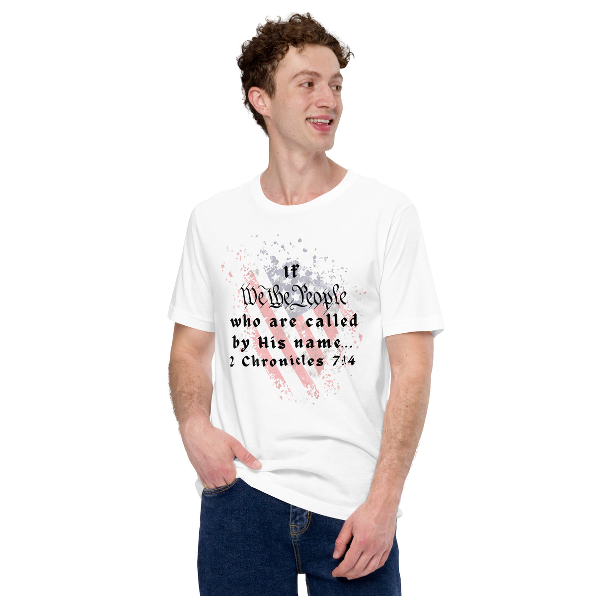 Model wearing white We The People Christian T-shirt with 2 Chronicles 7:14 design